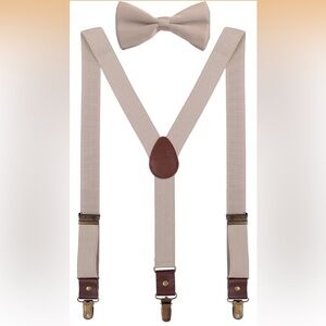 Adjustable Shoulder Strap Y Shaped Bow Tie and Suspenders Set Beige Champagne